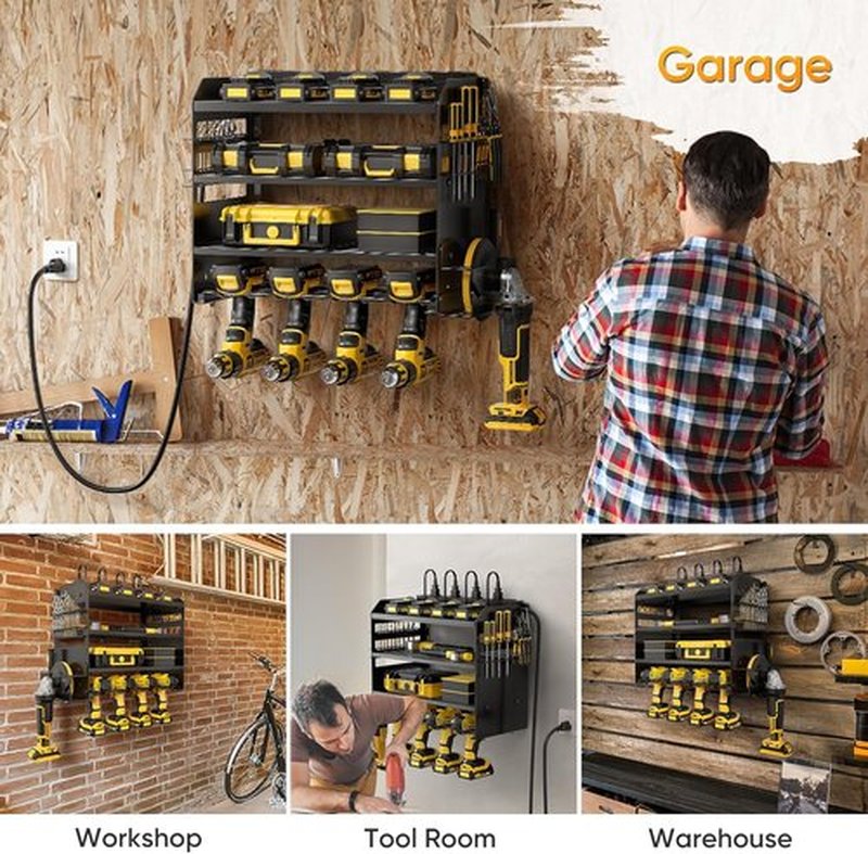 POKIPO Power Tool Organizer - Heavy Duty Wall Mount Storage Rack with Charging Station & 8 Outlet Power Strip