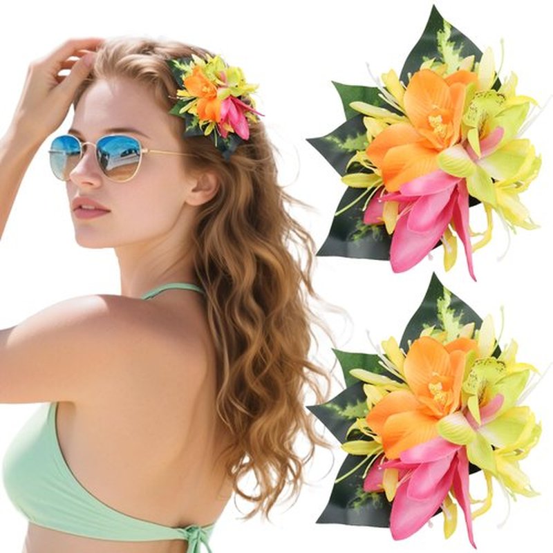 Hawaiian Flower Hair Clips for Women - 2 PCS Artificial Tropical Orchid Hairpin Hawaii Floral Hair Accessories for Women Girls Leis Luau Party Costume Beach Pool Vacation Headwear Decorations