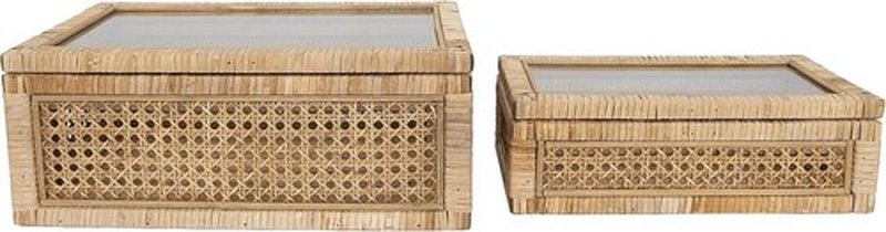 Creative Co-Op Decorative Woven Rattan and Wood Display Boxes - Set of 2 with Glass Top, Natural Finish