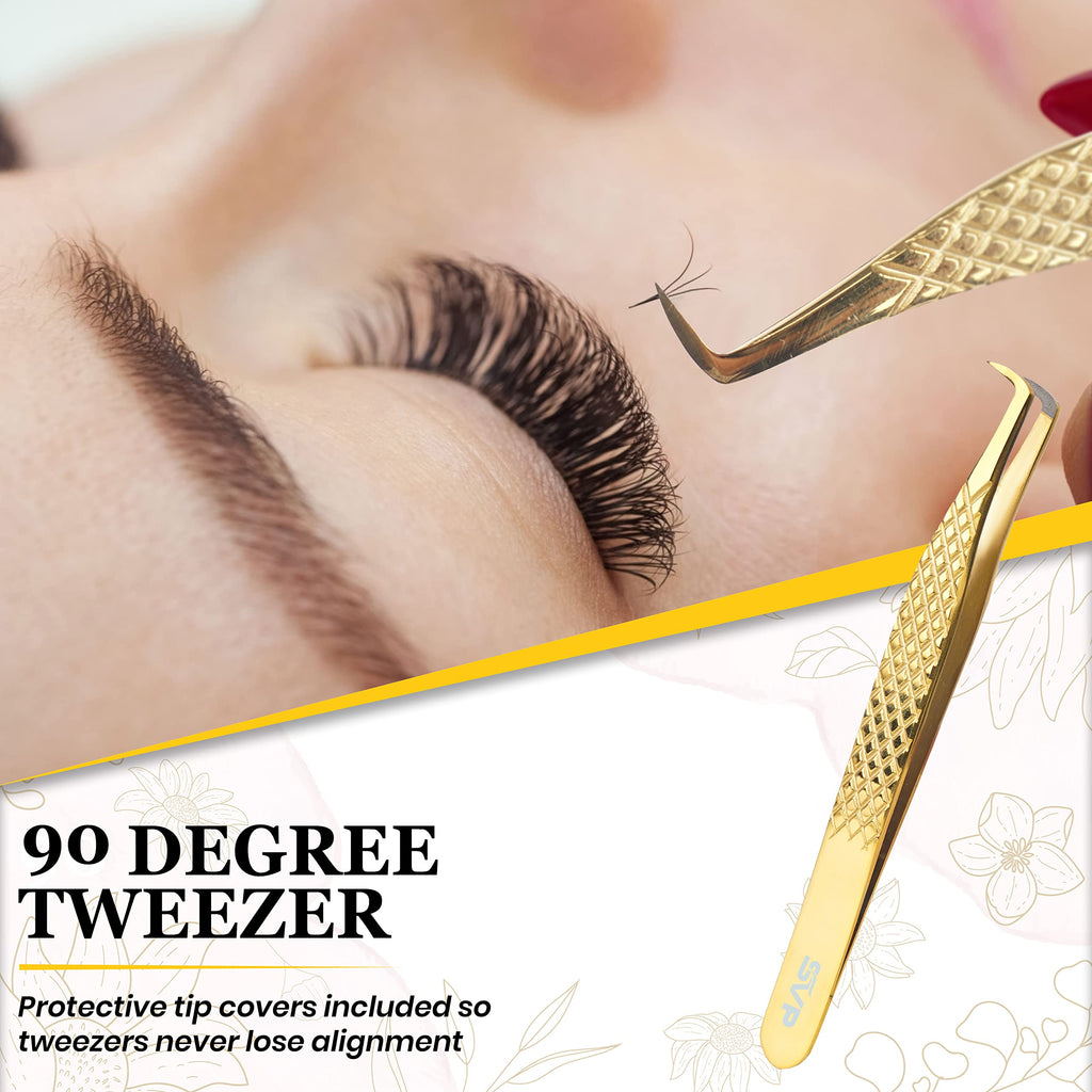 SV Fiber Tip Lash Tweezers for Eyelash Extensions with Diamond Grip, Pack of 5 - Professional Lash Extension Tweezers, High Precision Tweezers for Classic, Volume & Mega Volume Lashes with Case Box