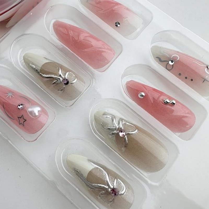 LBPEPAMZ Pink Press On Nails Medium Almond Fake Nails with 3D Silver Bow Bead Pearl Designs White Gradient French Tips Acrylic False Nails Heart Full Cover Glossy Stick On Nails for Women 24Pcs