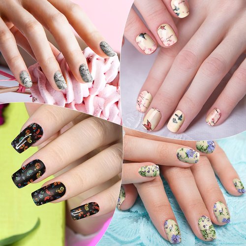 224 Pieces 16 Sheets Flower Full Wrap Nail Polish Stickers Self Adhesive Nail Wraps Nail Decals Nail Polish Sticker Butterfly Flower Nail Decals for Women Nail Decoration