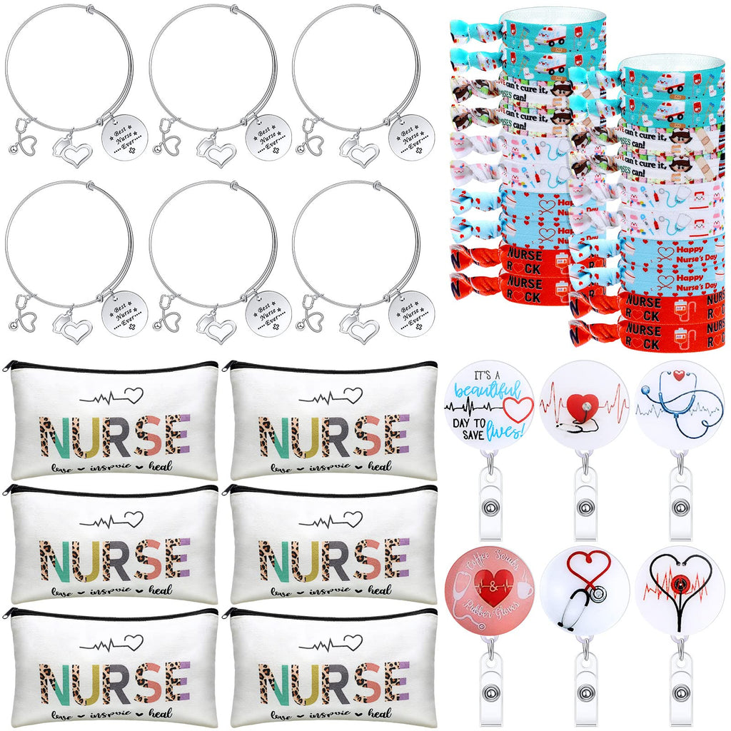 Pajean 38 Pcs Cna Week Gifts 2026 Bulk for Certified Nursing Assistant, Appreciation Gifts Set for Women Include Nurse Makeup Bags, Retractable Badge Reels, Hair Ties, Bracelets for Cna Emt Graduation