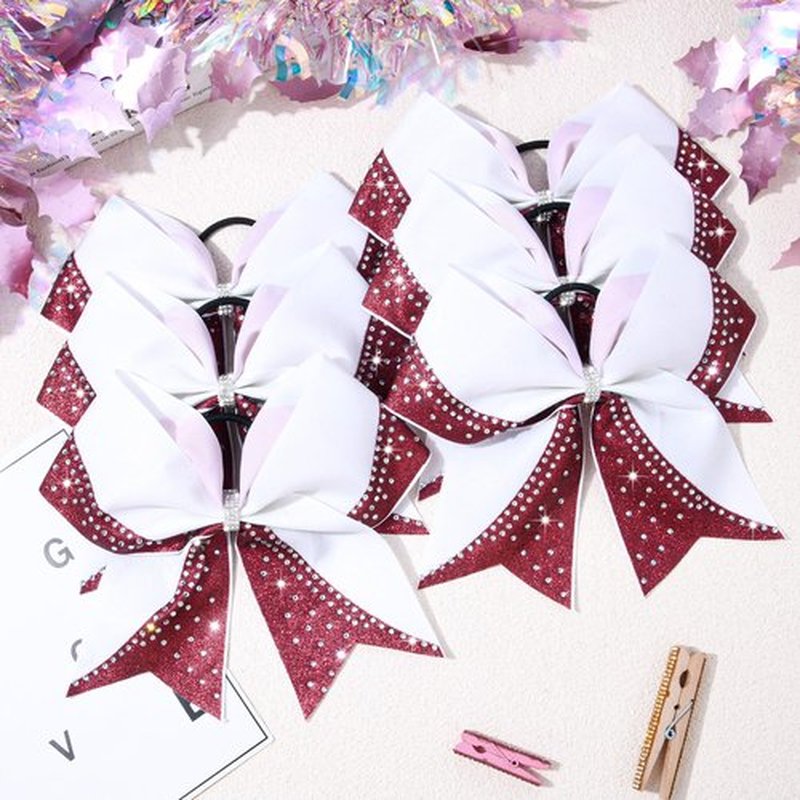 6PCS Glitter Cheer Bow Large Cheer Bows Rhinestones Hair Bows Girls 8"Cheerleading Bows Bulk Elastic Band Ponytail Holder for Teen Girls College Sports Competition White Maroon