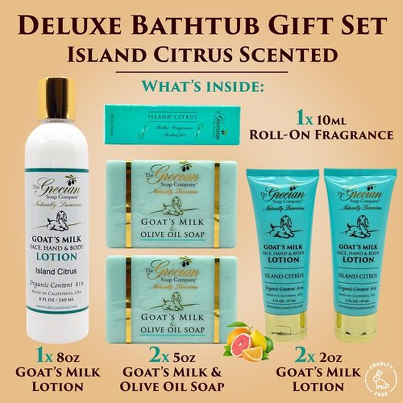 The Grecian Soap Company Deluxe Bathtub Gift Set, 6pcs Goat Milk & Olive Oil Skin Care Set, Birthday Gifts for Women, Bridal Shower Gifts, Gifts for Mom, Island Citrus Scent, Handmade in the USA