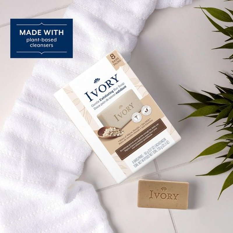 Ivory Exfoliating Bath Bar Soap, Designed for Whole Family with Plant-Based Cleansers, Made Without Heavy Perfumes, Parabens or Phthalates, Warm Vanilla + Oat Milk Scent, 3.17 oz (8 Count)