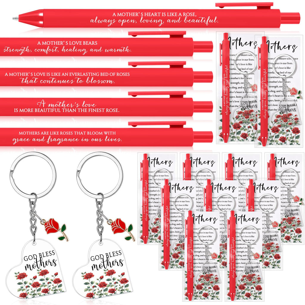 Motiskyy 18 Sets Happy Mother's Day Rose Gifts bulk Red Ballpoint Pens Heart Rose Christian Keychain with Bless Card Bag Positive Affirmative Appreciation Gift for Mom Women Birthday Office Supplies
