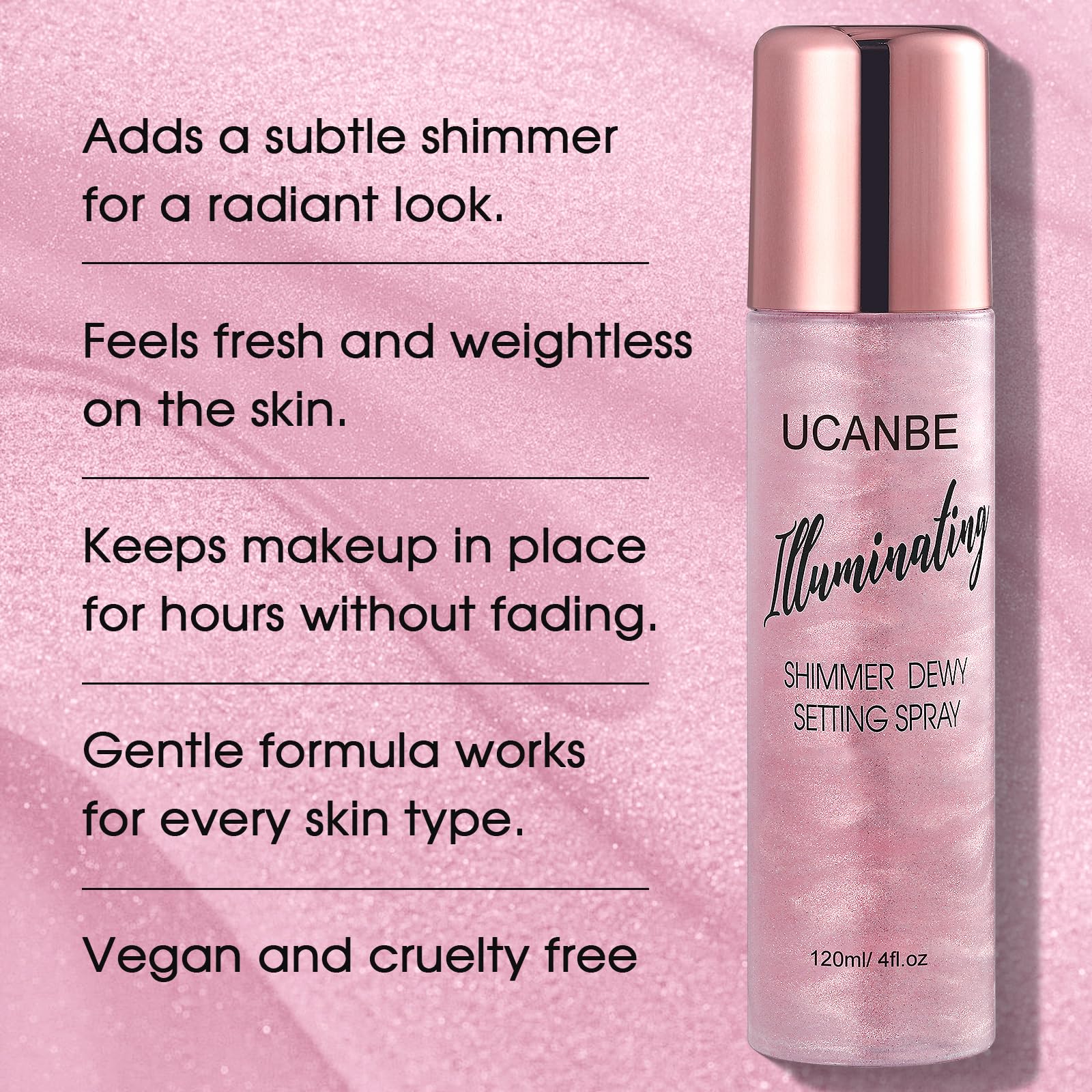 UCANBE Shimmer Dewy Setting Spray – Glowing + Makeup Setting Spray 2 in 1 Lightweight Formula for a Radiant Glow,Long-Lasting Face Mist for Face Body, 4 Fl Oz #Bubblegum