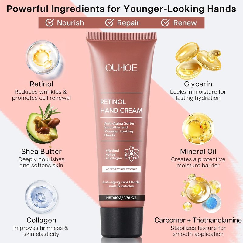 VRAIKO OUHOE Retinol Anti-Aging Hand Cream - Mineral Moisturizer with Shea Butter & Collagen for Youthful Hands (1pc)