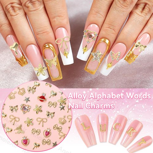 142 Pcs Gold A-Z Letter Nail Charms, Alloy Alphabet Words Nail Charm, Crown Heart Butterfly Bows Star Nail Gems Charms, Gold Flower Heart Alloy Nail Charm for Acrylic Nail Art Women DIY Accessories