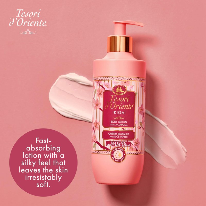 Tesori d’Oriente Ikigai Body Lotion, 13.5 fl oz, Daily Full Body Moisturizer with Rice Water and Vitamin B & E, Non-Greasy & Fast-Absorbing, Cherry Blossom Scented, All Skin Types