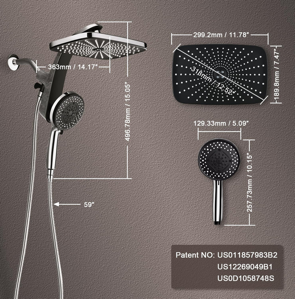 BOZYBO Rain Shower Head with Handheld: High Pressure Shower Heads with Handheld Spray Combo, 12" Rainfall Shower Head and 9 Sprays Hand Showerheads with Magnetic Docking and Power Jets, Chrome 1.8GPM