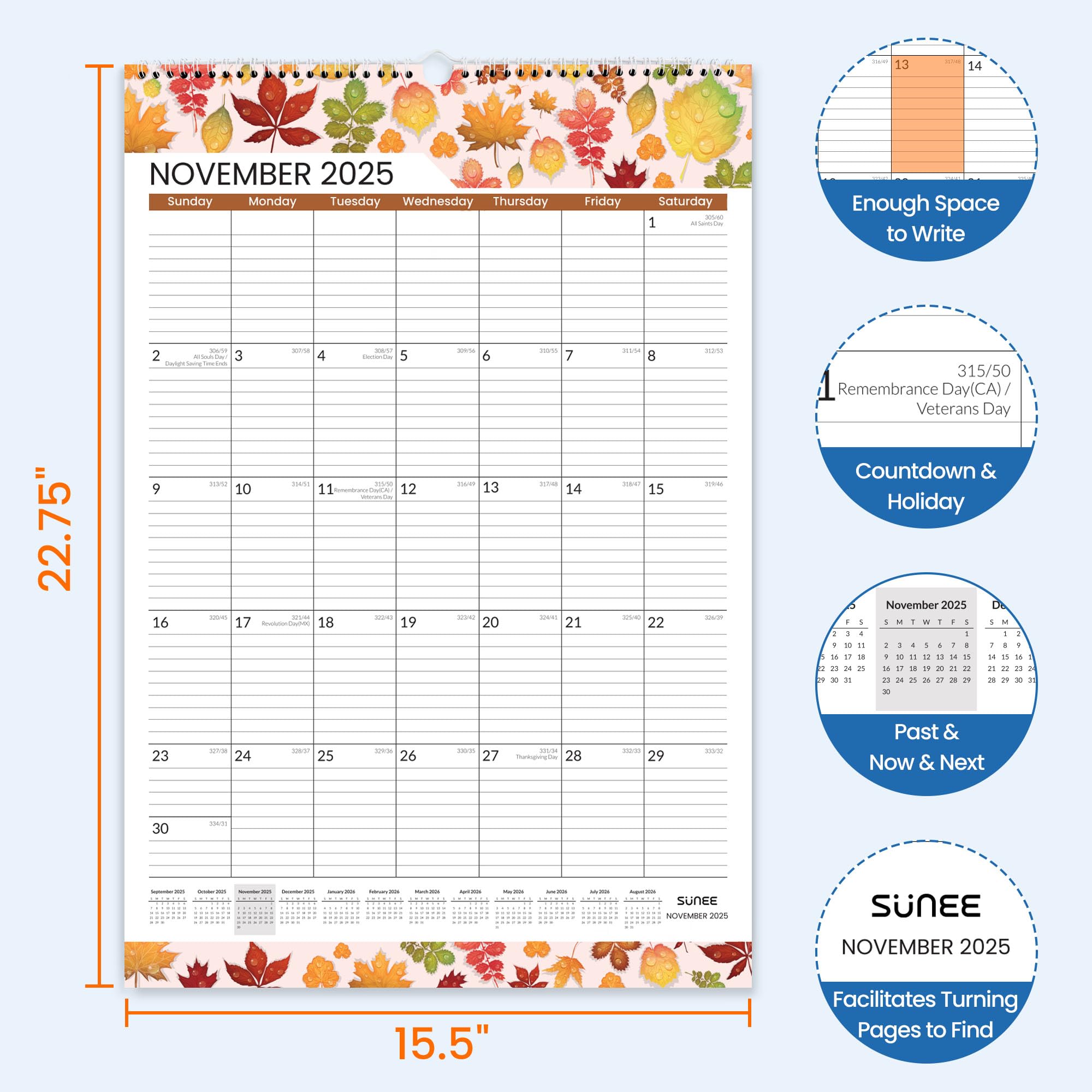 SUNEE 2026 Wall Calendar Large 22.75"x15.5", 21 Month Calendar (Ends June 2027), Vertical Extra Large, Seasons Color