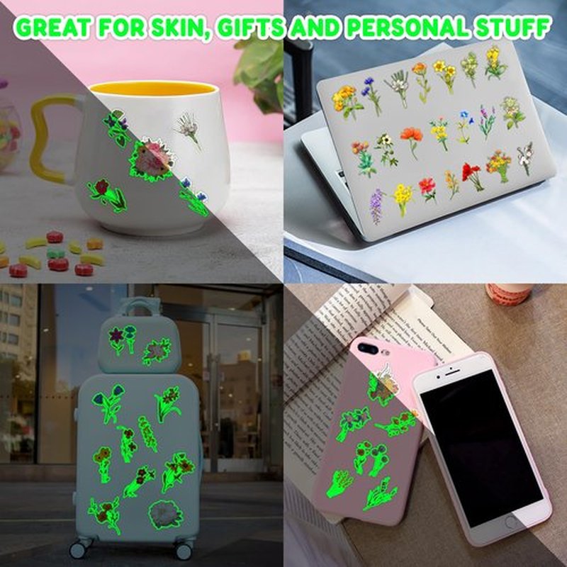 96 PCS Small Wildflower Floral Pre–Cut Temporary Tattoos Birthday Party Decorations Supplies Favors Spring Flower Bouquets Decor Stickers Gifts Boys Girls Classroom School Prizes Reward (Luminous)