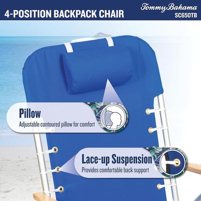 Tommy Bahama Folding Beach Backpack Chair - 4-Position Lace-Up Suspension - 17" Seat Height