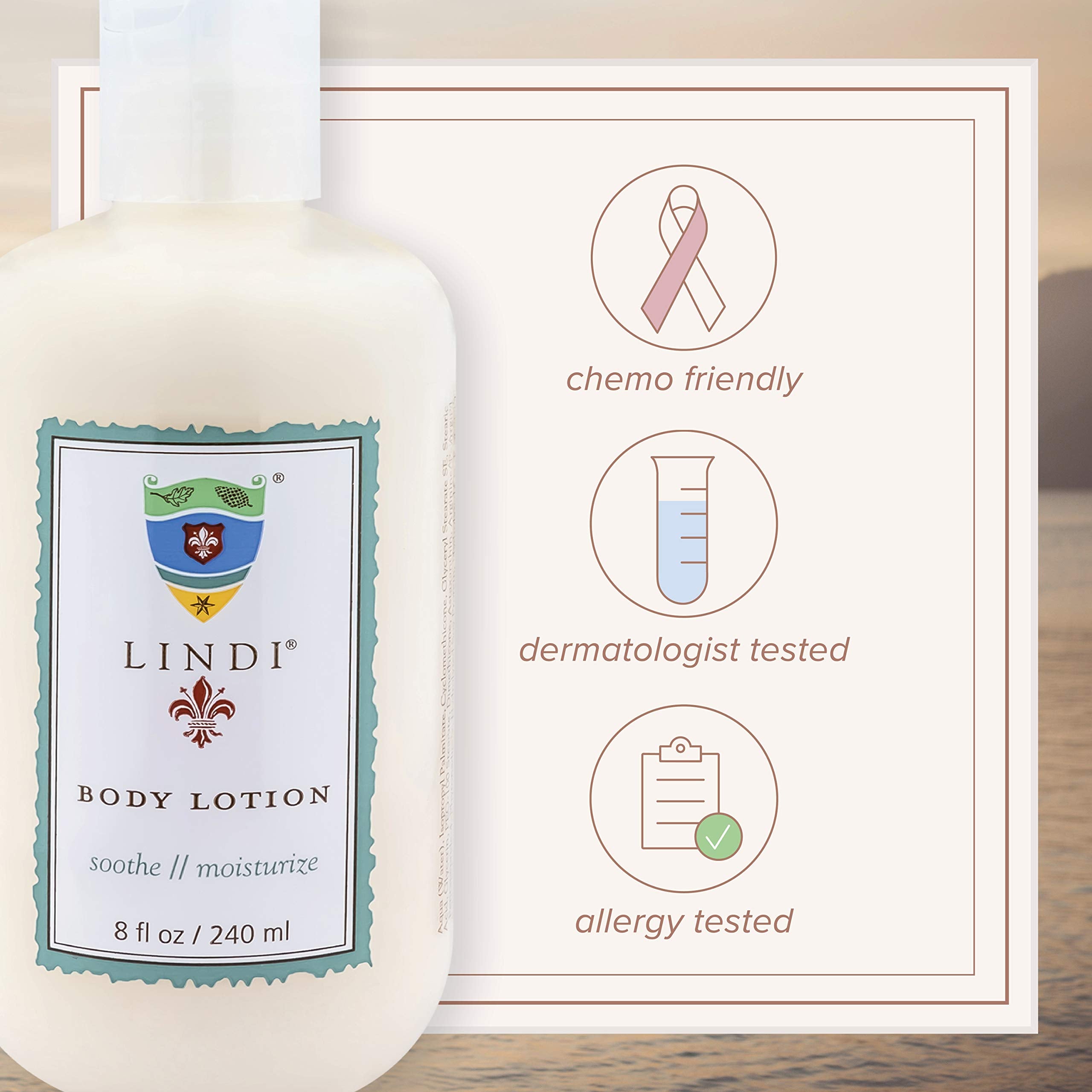 Lindi Skin Body Lotion — Luxurious Lotion for Sensitive, Reactive & Compromised Skin · Rare Botanicals, Antioxidant-Rich, Hypoallergenic · The Original Lotion for Cancer Patients Since 2003. 8 fl oz