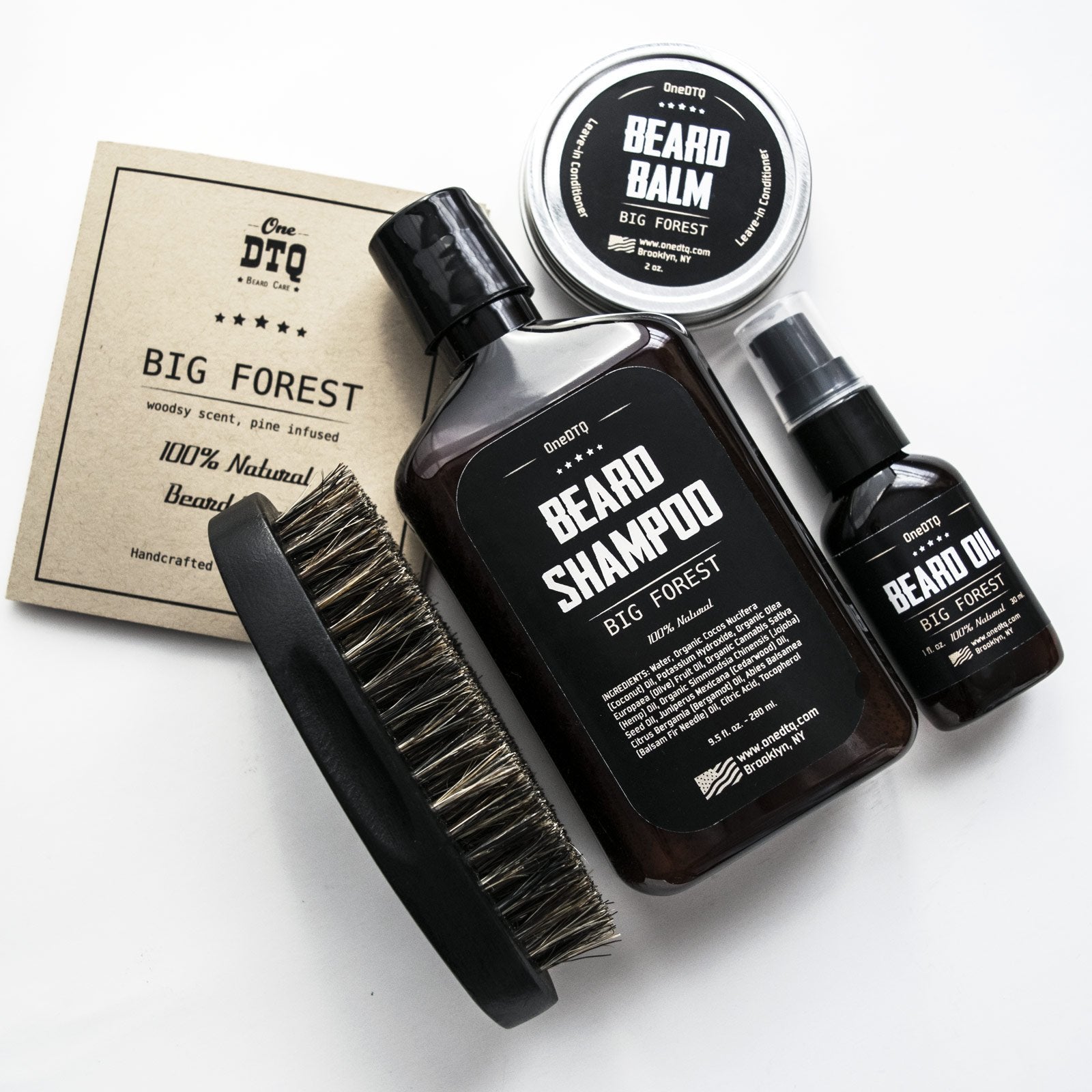 Big Forest Beard Treatment Kit - Shampoo 9 oz, Oil 1 oz, Balm 2 oz, Brush - Wood Scent - 100% Natural and Organic Growth Care Products in Premium Gift Box