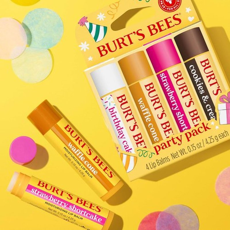 Burt's Bees Lip Balm Party Pack - All-Day Moisturizing, Tint-Free Natural Treatment | 4 Flavors, 4 Tubes, 0.15 oz Each