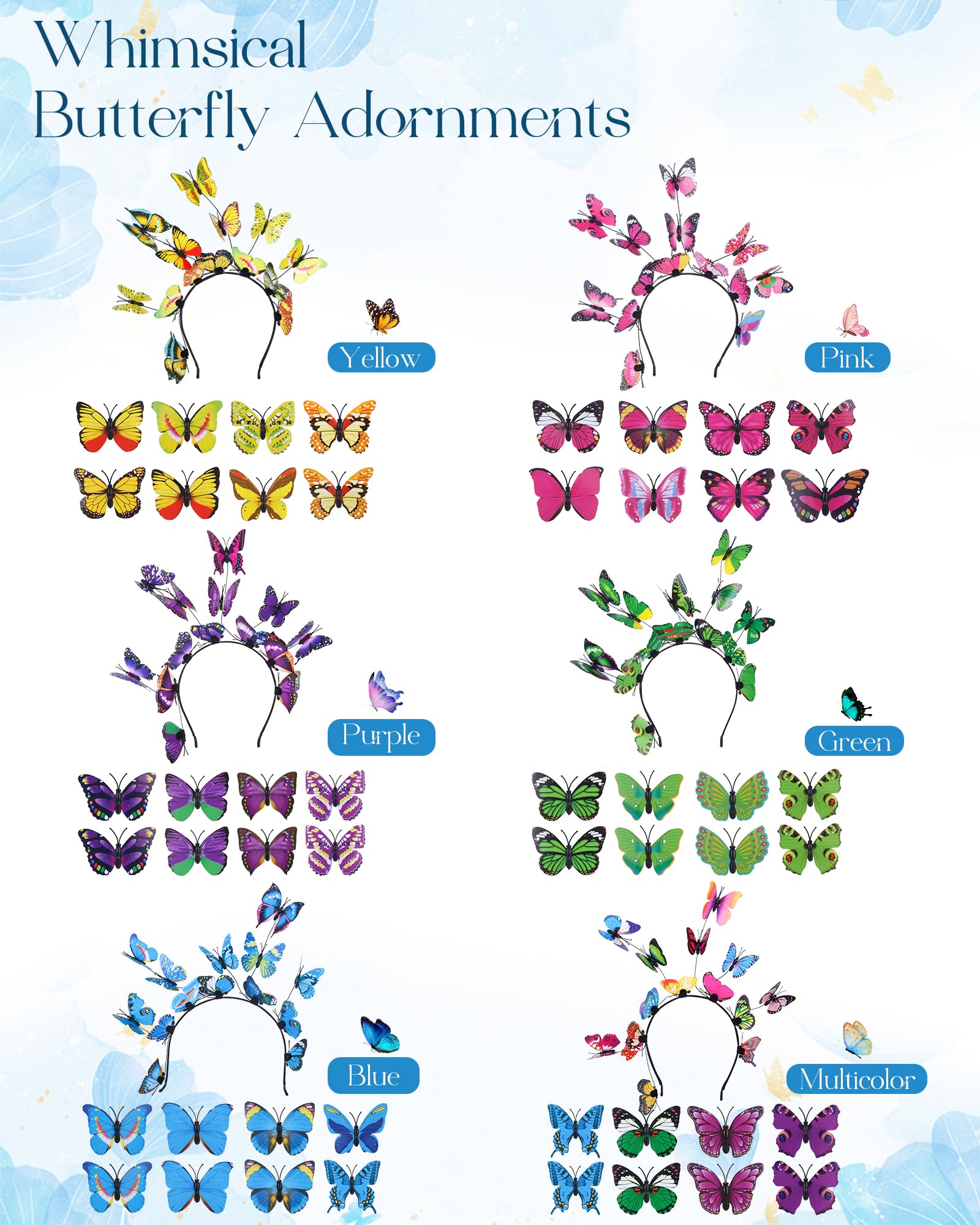Zuaooz 6Pack Butterfly Fascinator Headband Monarch Butterfly Crown with Clips Tea Party Nature-themed party Halloween costome Headpiece
