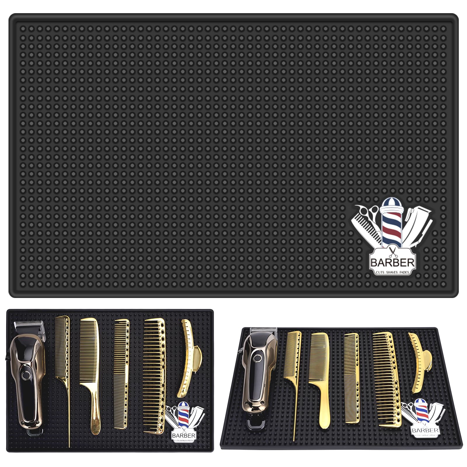 Barber Mat for Clippers Non-Slip Thickened Silicone Non-Slip Mat | Barber Shop Home Counter Workstation Organizer Mat for Scissors, Trimmers, Clippers, Hair Cards, Combs, Razors, etc (13.5*9.5 Inch)