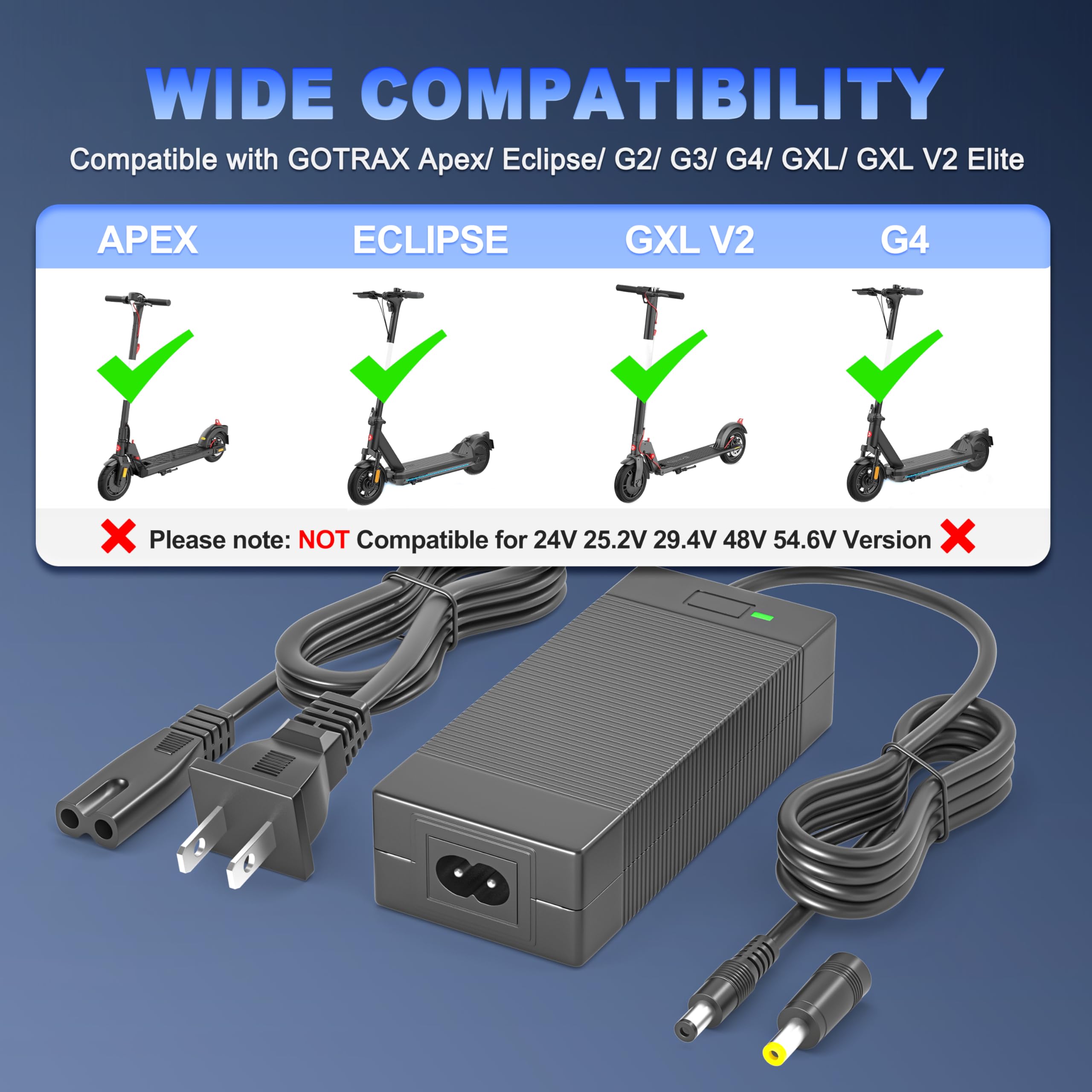 42V 2A Scooter Charger Compatible with Gotrax GXL V2, G2, G3, G4, Apex, Eclipse, Rival, XR Elite, Tour XP Electric Power Supply Compatible with Gotrax Alpha XL Charger
