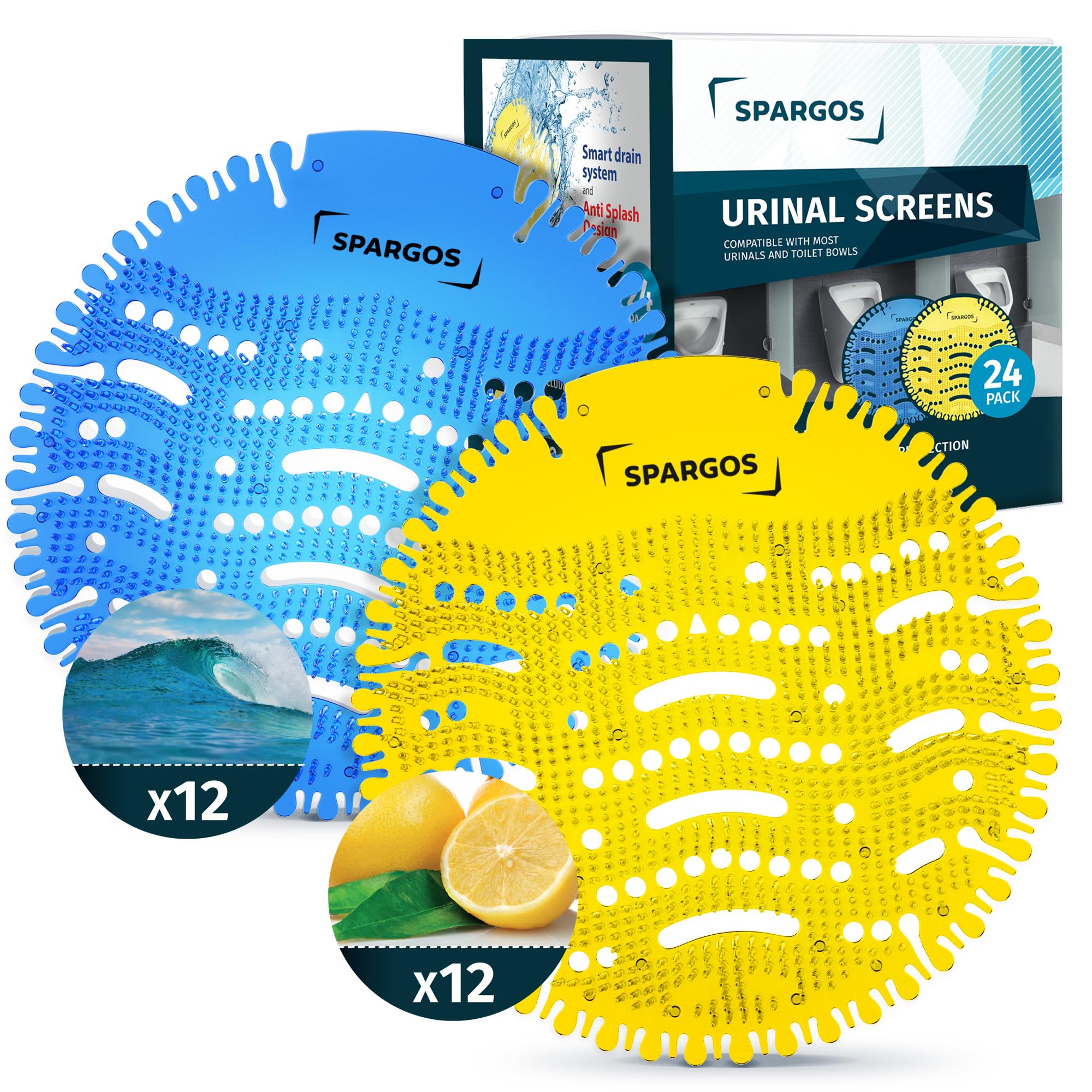 Urinal Screen Deodorizer (24 Pack) Urinal Cakes Fresh 3d Wave Anti-Splash Odor Protection for Toilets in Bathroom Office Stadiums Schools with Free Gloves - 12pcs Blue Ocean and 12pcs Yellow Lemon