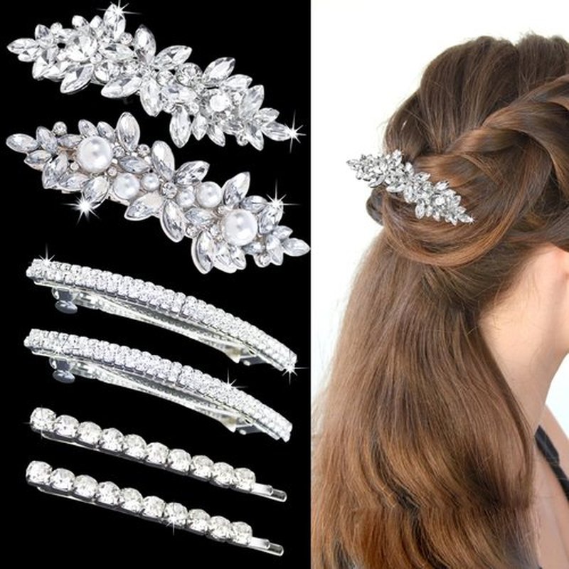 6 Pcs Hair Barrettes for Women Flower Pearl Hair Clip Elegant Bridal Silver Crystal Hairpins Wedding Accessories for Women