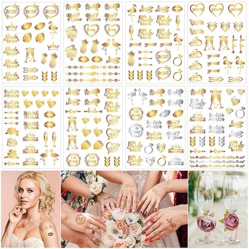 FRCOLOR 8 Sheets Wedding Gold Temporary Tattoos Bachelorette Party Tattoos Team Bride Tribe Bridesmaid Gift Bridal Shower Favor Party Supplies