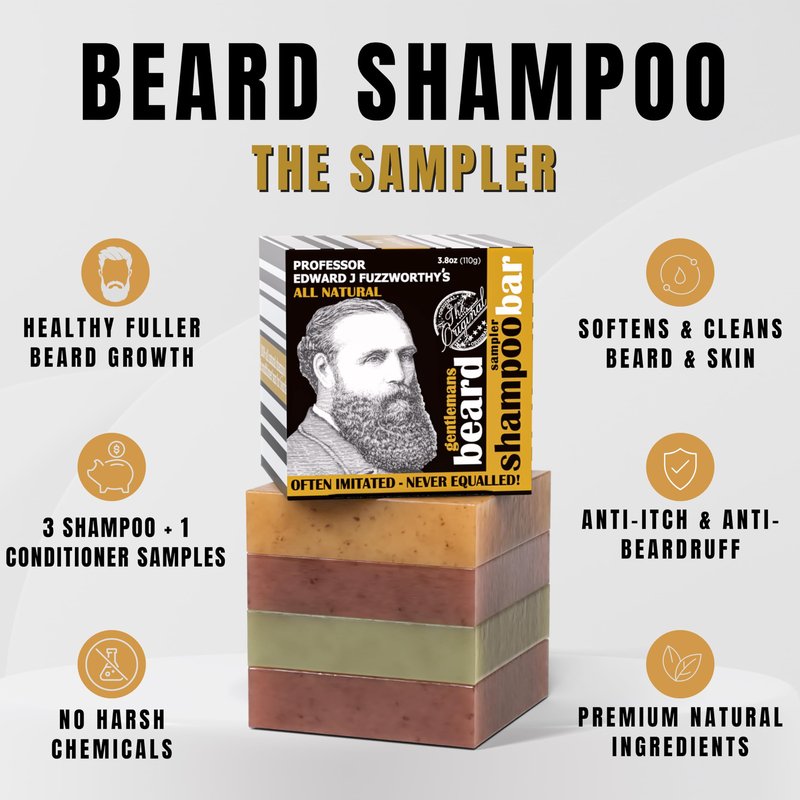 Professor Fuzzworthy's Beard Sampler Kit - Beard Shampoo & Conditioner Bar Sample Pack for Men | All Natural Grooming Gift Set for All Beard & Hair Types