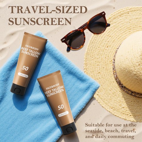 Beef Tallow Sunscreen for Face, Natural Reef Safe Sunblock for Face Body, Non Greasy Clean Travel Sun Screen Sunblock for Sunmmer Beach Outdoor Travel, 2.46 OZ