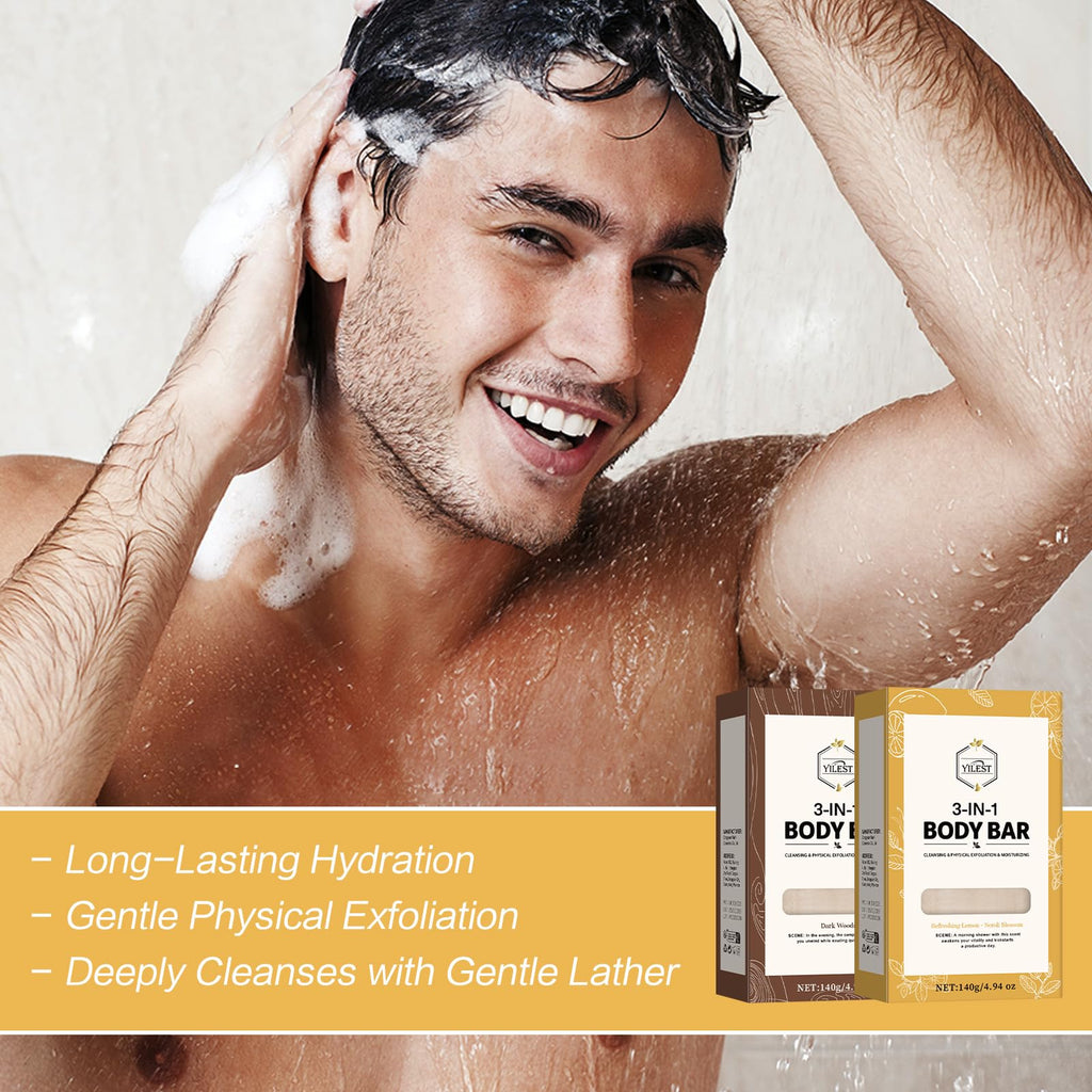 3-in-1 Men's Body Bar Soap Set for Summer – 2 PCS Exfoliating & Moisturizing Bar with Shea Butter & Oatmeal – Long-Lasting Fragrance – Sandalwood + Citrus Scents (2PCS Sandalwood + Citrus Scents)