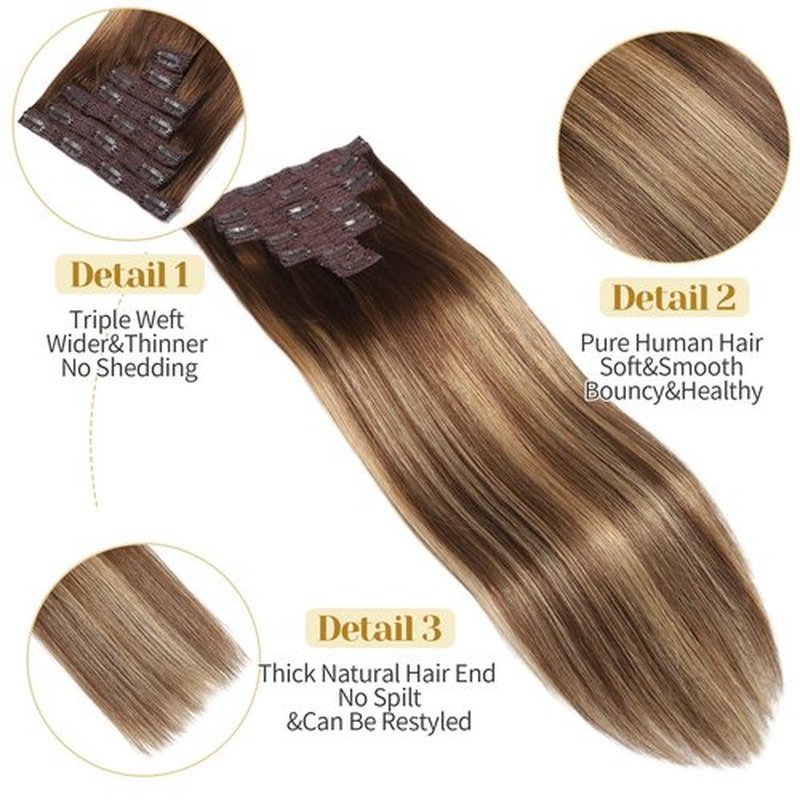 Mocona Clip in Hair Extensions Real Human Hair, 12 Inch 7pcs 70g/Pack - Ombre Chocolate Brown to Caramel Blonde, Soft Hair Extensions Real Human Hair Clip ins Straight for Women (12 Inch)