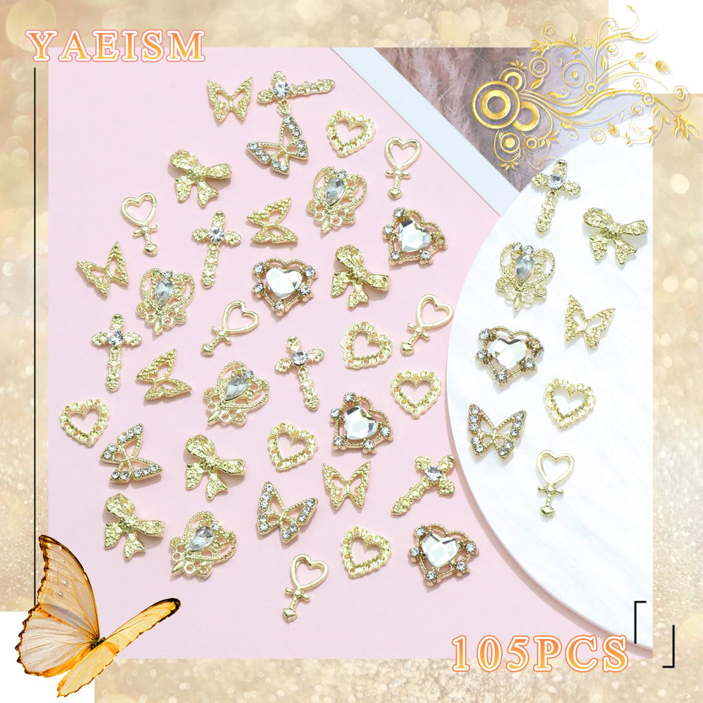 YAEISM 105PCS Gold Nail Charms 3D Gold Heart Nail Charm 8 Shapes Butterfly Charms for Nails Shiny Gold Nail Charms Cross Alloy Nail Bows for Nail Art and DIY Crafts Decoration