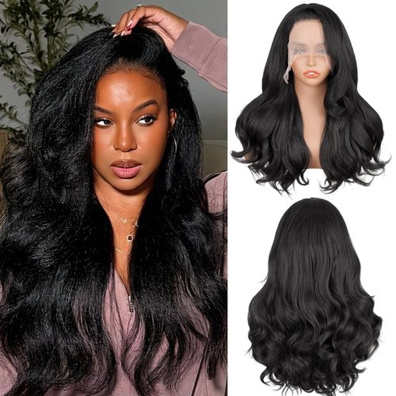 Cemuto Light Yaki Body Wave Wigs 13x6 Synthetic HD Transparent Invisible Lace Front Wig Double Texture Kinky Straight and Body Wave as Human Hair 180% Density 22inch Nature Black