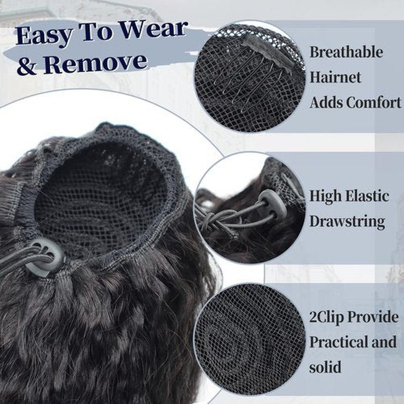 Ainimiu Water Wave Ponytail Extension Drawstring Human Hair Clip In Real Brazilian Virgin Human Ponytails For Black Women Wet And Wavy Hair Pieces Natural Black 20 Inch
