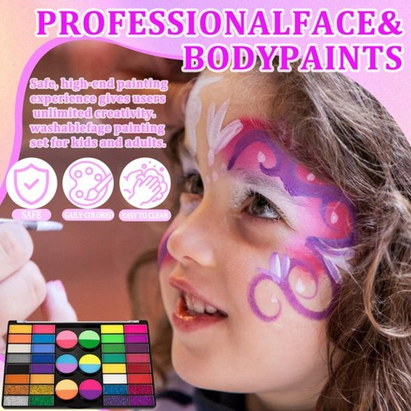 69 Colors Face Painting Kit for Kids - Non-toxic water-activated paint palette with glitter makeup palette, stencils, brushes, Gems, puff. for Kids Party Cosplay Halloween Christmas Carnival.