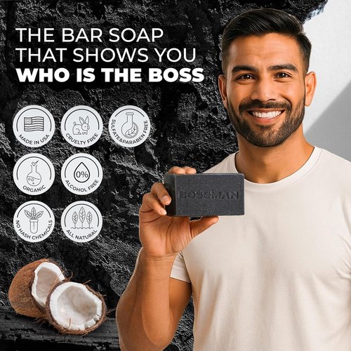 Bossman 4-in-1 Charcoal Soap Bar - All-Natural Men's Soap for Beard, Hair, Body & Shaving | 4 oz, Lavender & Patchouli
