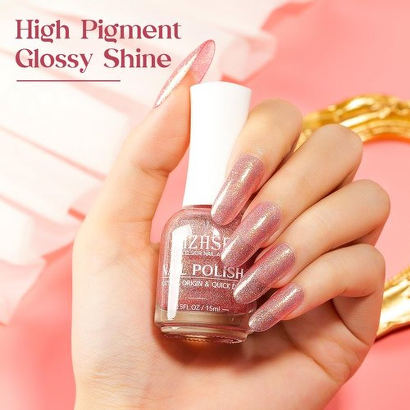 MIZHSE Quick Dry Nail Polish, Glitter Pink Nail Polish Non Gel Air Drying Fast, 15 ml Regular Sparkle Shimmery Oil-based Glitter Nail Lacquer Full Coverage Nail Art Manicure DIY Home