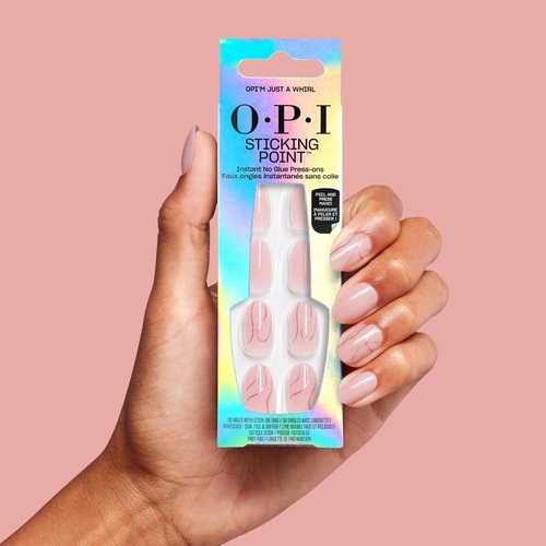 OPI Sticking Point OPI’m Just a Whirl |Short Round Semi-Sheer Warm Pink with Gold Glitter Swirls Nail Art Instant No Glue Press On Nails | 30 Count with Adhesive Tabs | Damage-Free Wear | Spring 2026