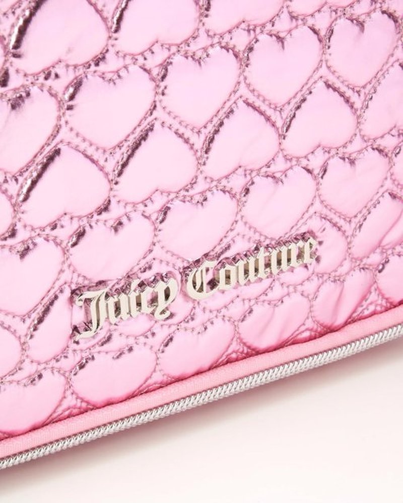 Juicy Couture Pink Makeup Bag - Shiny Puffer Heart Organizer with Travel Hook for Essentials