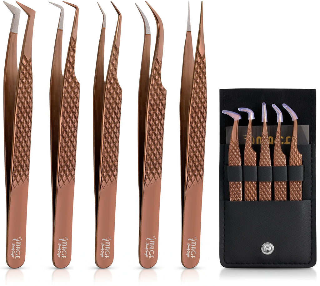 5 Pcs Fiber-Tip Japanese Steel Lash Tweezer Set with Leather Case, Professional Eyelash Tweezers for Lash Extensions – Titanium Coated, 90 & 45 Angled, Precision Pointed Tweezers (METALIC-ROSE)