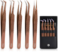 5 Pcs Fiber-Tip Japanese Steel Lash Tweezer Set with Leather Case, Professional Eyelash Tweezers for Lash Extensions – Titanium Coated, 90 & 45 Angled, Precision Pointed Tweezers (METALIC-ROSE)