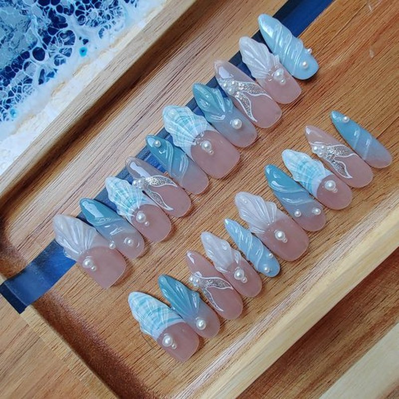 Gleamrain 3D Handmade Press on Nails Long Almond Handcrafted Nail Art with Designed Summer Beach Press Ons for Women and Girls /20 Piece Set