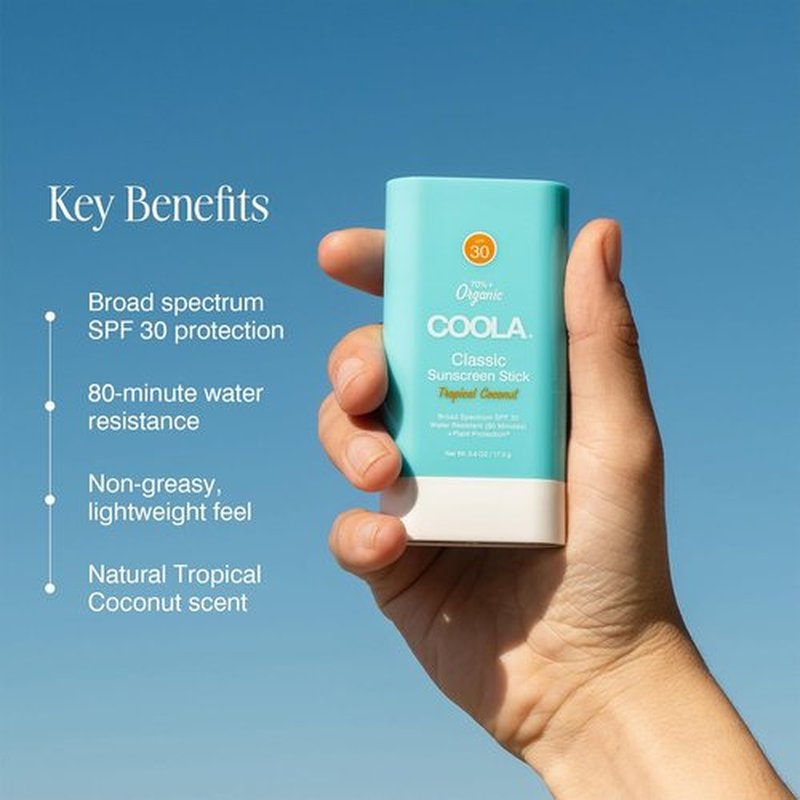 COOLA Organic Face Sunscreen SPF 30 - Vegan Tropical Coconut Lotion Stick for Daily Protection, 0.15 Oz