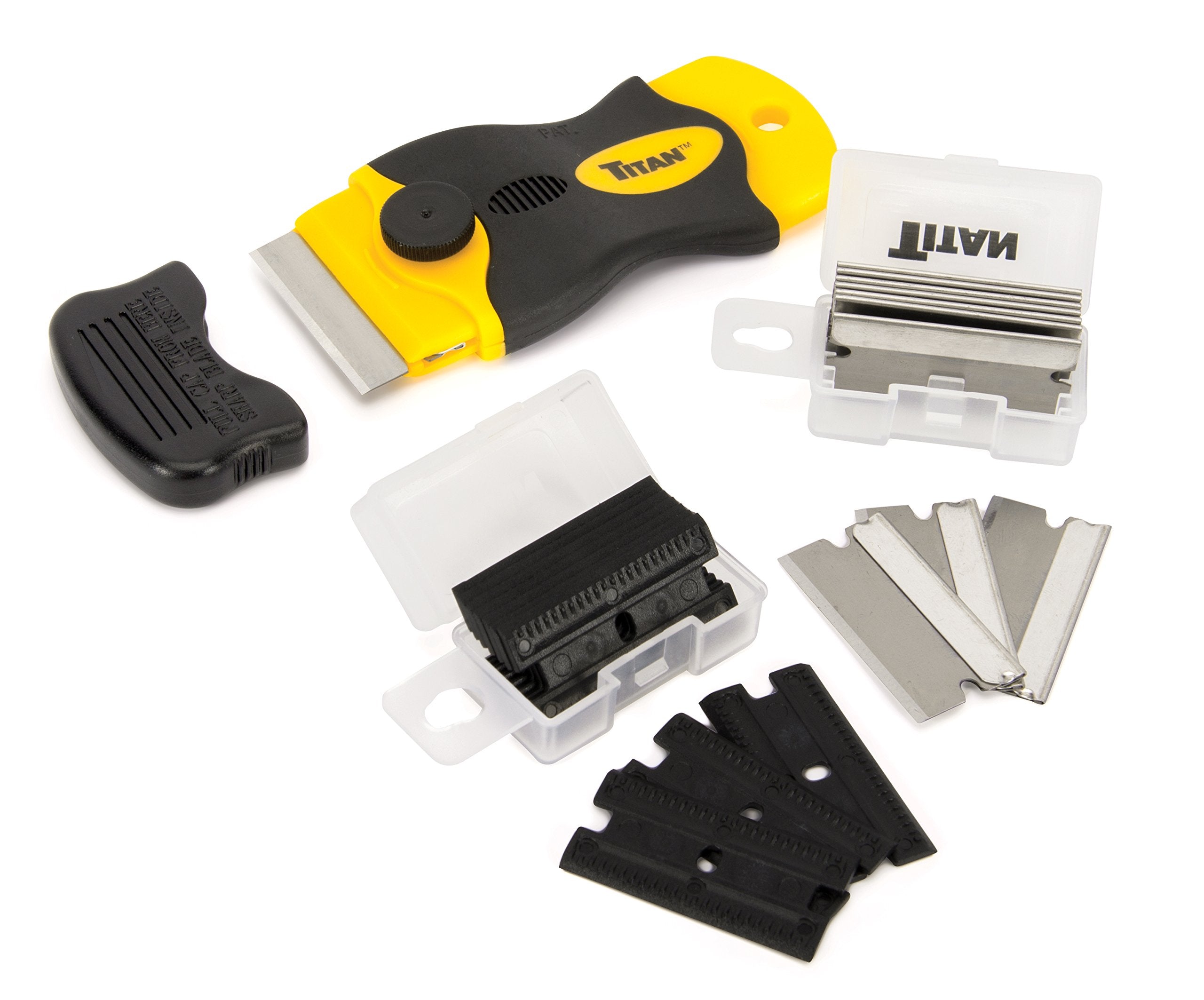 Titan Tools 17013 4-Inch Mini Razor Scraper with (10) Non-Marring Plastic Blades and (11) #20 Steel Blades