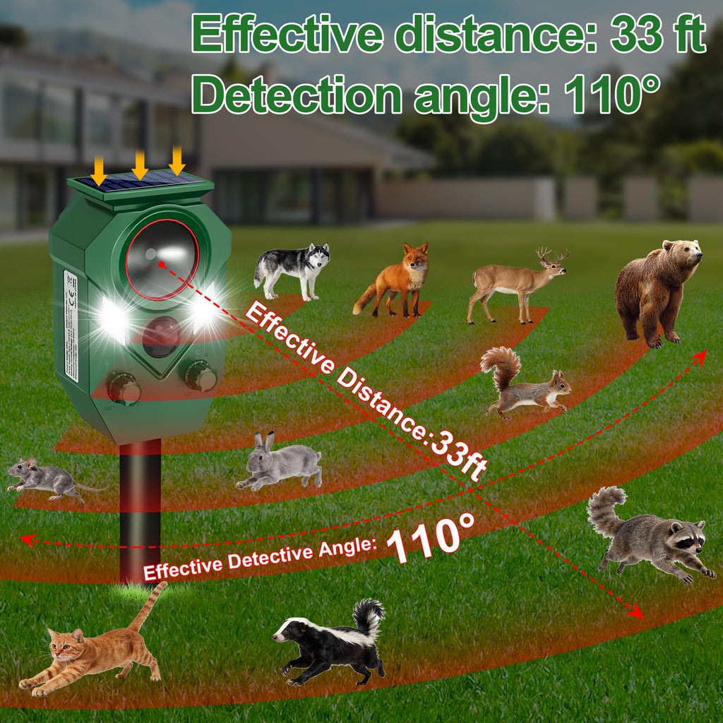 Ultrasonic Animal Repeller Outdoor - Cat Repellent & Deterrent with PIR Sensor & Flashing Light,Solar Powered Deer Repellent for Squirrels, Raccoons, Skunk,Rabbit,and Dogs, IP65 Waterproof （1 Pack）