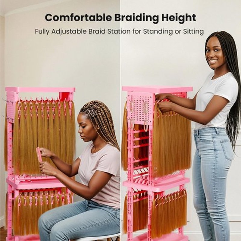 Sunnacate Braiding Rack with Tools, 2-Sided Hair Rack Braid Stand with Wheels, 220 Pegs Standing Hair Separator Divider Extension Holder Hanger Perm Accessories for Salon Home