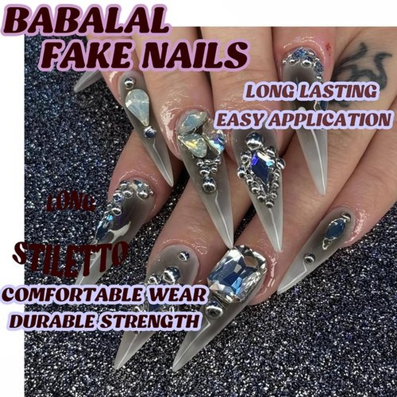 BABALAL Goth Press on False Nails Black Glue on Fake Nails - Long Stiletto, Rhinestone Charm Luxury, Bling Handmade Claw Design, 24Pcs Glossy Acrylic Nails for Women Girls