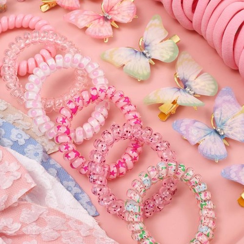Rosvia Little Girls Hair Accessories Set 70pcs,Elastic Spiral Hair Ties for Thick Hair, Mini Crystal Flower Hair Claws,Butterfly Hair Clips,Toddlers Hair Bows for Girls Teens Kids Toddlers