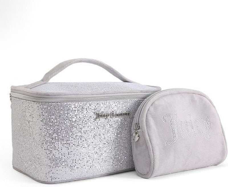 Juicy Couture Silver Sparkle Makeup Bag Set - Glittery Cosmetics Organizer & Travel Case